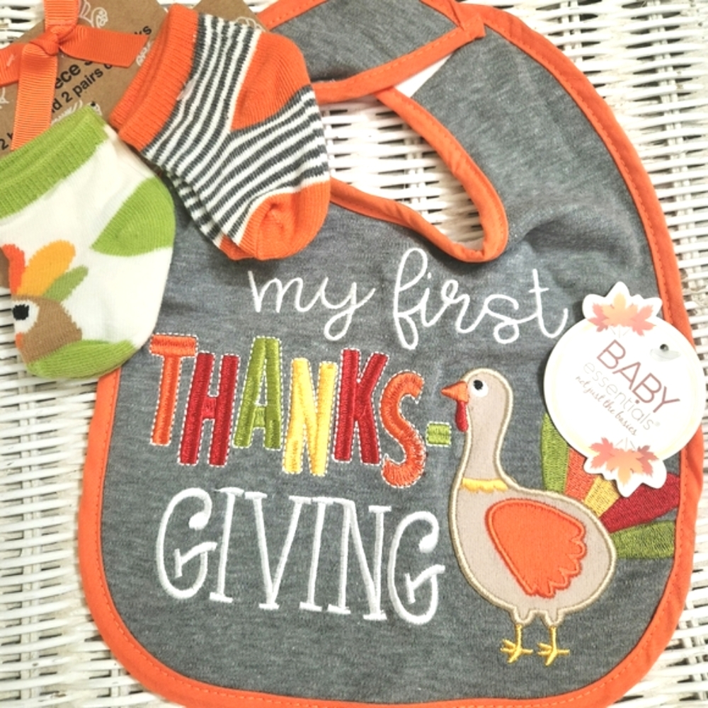 Baby Essentials Thanksgiving Bib and Sock Set - Gray, Orange, Green